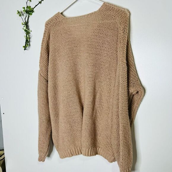 Oversized V Neck Tan Taupe Knit Sweater - Picture 10 of 10